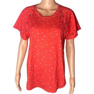 All in Love Red short sleeve top size l white and blue stars and buttons details